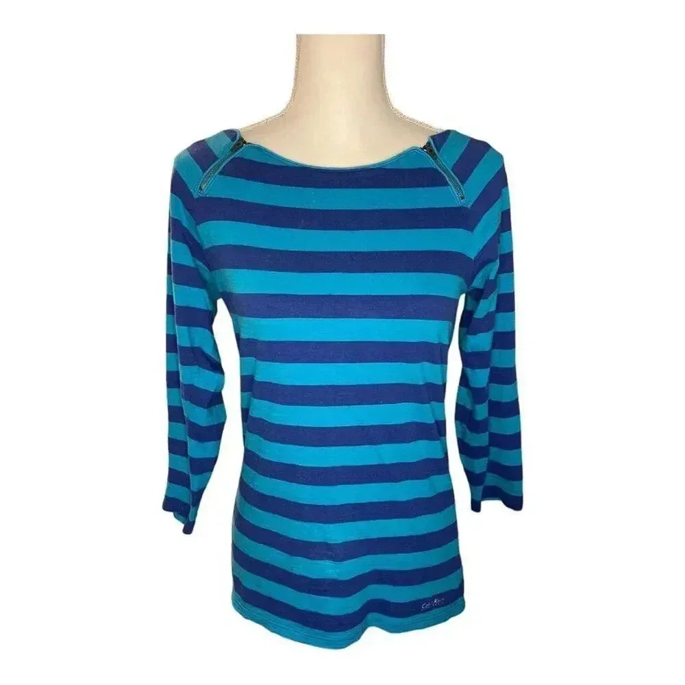Calvin Klein Performance Women’s Small Blue Striped‎ Quick Dry 3/4 Sleeve Top